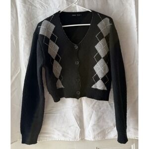 Shein Grey Black Argyle Elizabeth Cardigan Sweater Medium Cropped V Neck